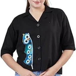 vava creation Women’s Printed Collared Neck Top – Stylish Black Half Sleeve Shirt with Cute Owl Print | Casual & Comfortable Button Down Crop Shirt for Girls & Ladies-picture-37