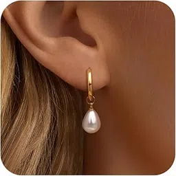 plucar Pearl Earrings for Women - Gold Hoop Earrings for Women Pearl Dangle Earrings for Women Gold Earrings for Women Trendy 14K Gold Jewelry for Women with Pearl Circle | Twisted Rope | Teardrop |-picture-10