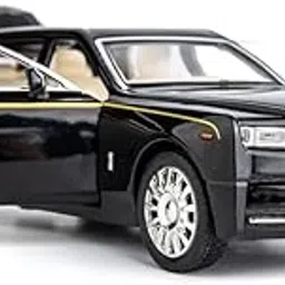 JKBD 1:32 Roll Royce Phantom Model Zinc Alloy Diecast Metal Pullback Openable Doors Toy Cars with Flashing Light and Musical Sound Toy Vehicle for Kids - Black-image-0