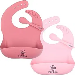 ZoZoBaa Silicone Baby Bib with Easy Grip Spoon For Feeding Toddlers|Waterproof & Reusable Bib with button for Infants |Soft, Light Weight, BPA Free, Pack of 4, Dark Red & Pink-picture-52