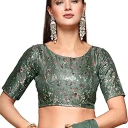 oomph! Traditional Ethnic Style Floral Pattern Silver Zari Work Readymade Brocade Half Sleeve Round-Neck Blouse for Pairing with Sarees, lehengas, or Plazzo for Fusion wear-picture-45