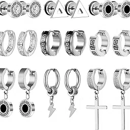 subang 9 Pairs Stainless Steel Stud Earrings for Men Hypoallergenic Earrings Cross Earrings Unisex Earrings Hoop Earrings Hinged Cross Dangle Earrings for Women Men-picture-16