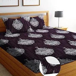 Cotton Feel Glace Cotton Elastic Fitted Bedsheet with 2 King Size Pillow Covers,Double Bed with All Around Elastic,Fits Upto 8 Inches Mattress,Size 72 x 78 Inches (Wine,Floral Printed),250 TC-image-99