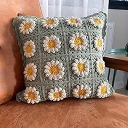 Crochet Cushion Cover 16 X 16 Inch Handmade Soft Boho Cotton Pillow Case for Sofa Set Bed Living Room Bedroom in Premium Canvas Fabric with Back Zipper, Colourful, 1-Piece, Style 03-image-40