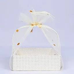 Elegant Gift Basket Empty Hamper with Gold Polka Dots and Tulle, Decorative White Gift Box for Wedding, Party Favors (Golden and Beige, Medium 20 cm)-picture-30