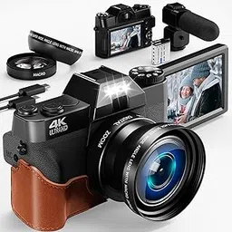 4K Digital Camera for Photography with 52mm Wide Angle & Macro Lens, 56MP Vlogging Camera with External Adjustable Microphone, with 180° Flip Screen,18X Digital Zoom, 2 Batteries, 32GB TF Card image 1