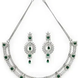 sukkhi Unique Rhodium Plated Cubic Zirconia Diamond Studded Silver Emerald Green Choker Necklace Set with Dangler Earrings Jewellery Set for Women & Girls|Set of 1|NS106848-picture-17