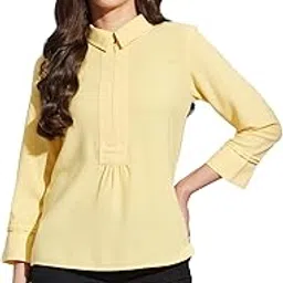 latin quarters Women Yellow Collared 3/4th Sleeves Solid Top Blouse for Casual Wear-picture-37