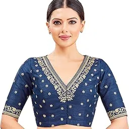 studio shringaar Women's Cotton Elbow Length Sleeves Embroidered Wedding Saree Blouse-picture-31
