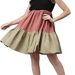 deebaco Women's Color Block Cotton Dress for Women|Knotted Dori Shoulder Sleeveless Fit & Flare Knee Length Mini Casual Western Dress for Ladies Party Casual Wear Outfits (Multicolor)-picture-40