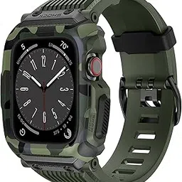 MOROFY Compatible with Apple Watch Band 45mm 44mm 42mm with Case, Men Rugged Sport Military TPU with Metal Pieces Strap with Bumper Cover for iWatch Series SE2 SE 8 7 6 5 4 3 2 1 - Military Green-picture-42