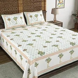 BLOCKS OF INDIA Hand Block Printed 200 TC Cotton Super King Size Bedsheet(106 x 106) (Green Tree) image 1