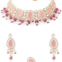 zaveri pearls Pink Colour Artificial Stones & Beads Choker Necklace Earring & Ring Set For Women -ZPFK16181-picture-34