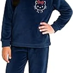 kuchipoo Girls Velvet Night Suit Set | Full Sleeve Winter Pajama Set with Cute Kitty Design| Warm & Soft Winterwear for Girls-picture-28