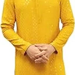 aaryavar Men's Sequin Embellished Chikankari Kurta Only - Yellow Color for Haldi/Festival/Temple Function-picture-10