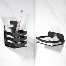 Plantex Self Adhesive Soap Dish with Tumbler Holder/Stainless Steel Soap Holder/Tooth Brush Stand for Bathroom Accessories (Black, Combo)-picture-19