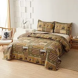 3 Piece Moose Bear Cabin Plaid Reversible Quilt Set King,Rustic Home Lodge Quilted Bedspread Coverlet Bedding Set with Wildlife Grizzly Bears Deer Buck Pine Tree Bear Paw for All Seasons(King,Brown)-image-47