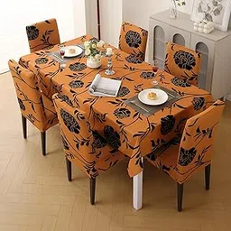 HOKIPO Polyester Stretchable Set of 6 Rectangular Dining Chair Cover with Matching Tablecloth, Copper Brown Floral (AR-5372-C8)-picture-24