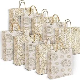 KOSY Printed Paper Bag – Stylish, Eco-Friendly Packaging for Every Occasion | Carry Bags for Birthday, Wedding, Anniversary. (White & Golden, Small Rectangle (Pack of 10))-picture-24