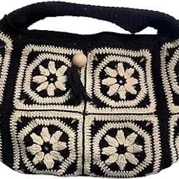 zora craft Off-white & Black granny square tote bag, crochet Women Bag, Bag for office women, Tote Bag-picture-49