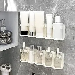 Wall Mounted Cosmetic Organizer | Set of 2 | Bathroom Accessories | 5 Slot Self Adhesive Rack for Serums, Tubes & Bottles | Space-Saving Essentials Holder for Vanity, Cabinet & Mirror-picture-17