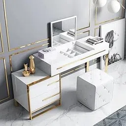 NG Decor Cylina White Makeup Vanity with Storage & Flip Top Mirror 4 Drawers & Golden Base (Stool not Included) image 1