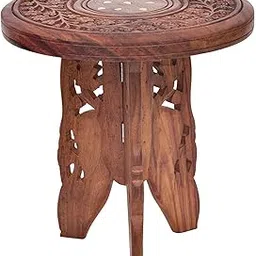 KARAFT WILA Sheesham Wood Folding Side Table | Handcrafted Wooden Round Table with Traditional Carving & Inlay Work | Living Room, Balcony & Home Décor-picture-13