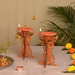 gift kya de GKD Diya Stand Wooden Traditional Deepam Stand Hand Crafted Diya Set for Pooja Decoration Items Candle Lanterns Decoration Items for Mandir Temple (Dark Wood, Pack of 2)-picture-33