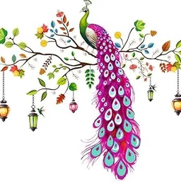 PIXEL GRAPHICS Peacock Wall Sticker, Colourful Wall Art Decal with Hanging Lanterns, Decorative Sticker for Living Room-picture-11