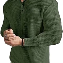lewel Men's Stylish Polo Neck Full Sleeve Textured T-Shirt (Olive Green)-picture-13