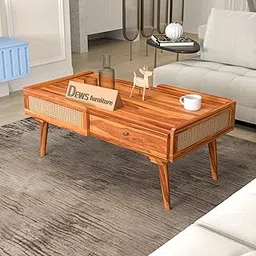 Dews Furniture Cane Centre Table for Home - Wooden Coffee Table with Rattan Work - Solid Sheesham Wood - Tea Table for Living Room with Open Shelf and Drawer Storage-picture-23