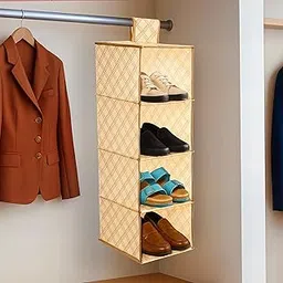 Kuber Industries Non-Woven Hanging Shoe Rack Organizers with 4 Shelf Closet | Wardrobe Cloth Organizer | Foldable Shoe Racks for Home | Check Print - Cream-picture-58