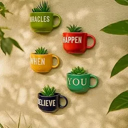 The Vintage Artefacts Ceramic Half Cup Wall Planter Set of 5. Miracles Happen When You Believe-picture-20