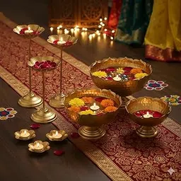 Decorative Taj Urli Floating Flower 9 Pieces Combo Set, Handcrafted Hammered Taj Set with Floating Diya Stand, Diwali Festival Decor Urli Show Piece for Floating Flowers Diya-image-33
