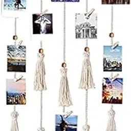 VAH Macrame 5 Line With Beads Hanging Photo Display Wall Hanging Pictures Frames Collage Organizer Bohemian Home Decor with Wooden Clips-picture-15
