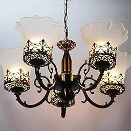 K C E Product 5 Glass Lamp Colonial Antique Design Chandelier 40W White glasss and Brown Base for Home and Living Room-image-13