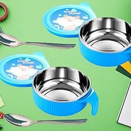 Liza Combo of 2pc Linex Multipurpose Air Tight Baby Feeding Bowl Inner Steel & Outer Plastic, BPA Free, Bowl with Steel Spoon | Food Remains Warm | Suitable from 6 Months 380ml (Pack of 2) (Blue)-picture-10