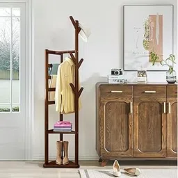 Naayaab Craft Premium Bamboo Wooden Coat Rack Stand with 6 Hooks, 4 Trouser Racks & 2 Storage Shelf, Multipurpose Freestanding Storage Organiser Garment Stand (36 x 36 x 168) CM - Light Brown-image-18