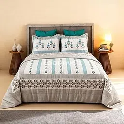 Loomweft Hand Block Printed King Size Bedsheet with 2 Pillow Covers | Soft | Breathable 72''X78'', 275X275 Cm Green Floral-picture-11