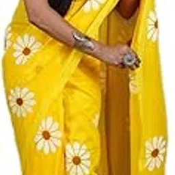 Yellow Floral Print Saree with Daisy Pattern, Traditional Cotton Blend, Tasseled Border-picture-22