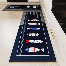 2 Pcs Kitchen Mats - Waterproof Memory Foam Standing Desk Floor Mat Non Slip Rugs, Comfort Runner Rug Floor Carpets for Kitchen Home Office, Sink & Laundry(120 * 40 cm, 40 * 60 cm) (Kitchen Fish) image 1