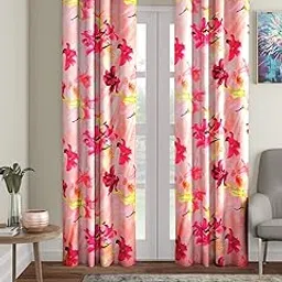 Home Sizzler 2 Pieces 3D Flower Eyelet Polyester Door curtains - 7 Feet, Pink | Semi-sheer-image-46
