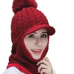 Winter Hats Women Stylish Monkey Zipper Cap | Skullies Beanies Balaclava Ski Woolen Warm Casual Soft Angora Wool Hood Face Mask Wind Dust Proof Neck Warmer for Women and Girls | Freesize (Red)-image-24