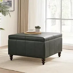 LEGACY OF COMFORT Aimee-Lee Leather Storage Ottoman Bench Storage Chest Foot Rest Stool Bedroom Bench with Storage (Dark Green Leather)-image-63