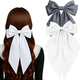 ANNA CREATIONS Large Satin Bow Hair Barrette Clips for Women & Girls – Strong Hold, Elegant Long Tail Hair Accessories for Parties, Weddings Wear & Gifting 2 Pcs (White-Grey)-image-80