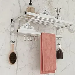 EVANEX Towel Holder for Bathroom | Dual Folding Towel Rack and Shelf | Towel Holder | Bathroom Accessories Set | Stainless Steel Hanger for Clothes | Bathroom Shelves (24 Inch)-picture-47