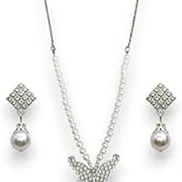 accessher Women's & Girls Silver Tone Sparkling American Diamond Butterfly Pendant Pearl Chain Necklace Set with Earrings, Stylish Western Necklace Jewellery Set for Gift-picture-25