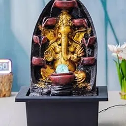 Golden Brown Polyresin Tabletop Ganesha 5 Step Indoor Water Fountain for Home Decor with LED, Speed Control Pump (Size: 37 x 28 x 54.5 CM | Weight: 3630Gram) image 1