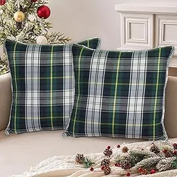 Tiny Break Plaid Piping Throw Pillow Case, Christmas Decor Middle Brook Checkered Soft Drill Weave Cotton Cushion Covers Set of 2 (18 x 18 Inch, Green)-picture-16
