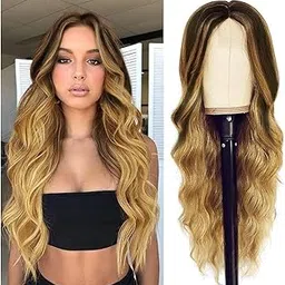 QUEENTAS Long Blonde Hair Wig for Women Full Head Curly Wavy Synthetic Wigs for Diwali(Black mixed Blonde)-picture-12
